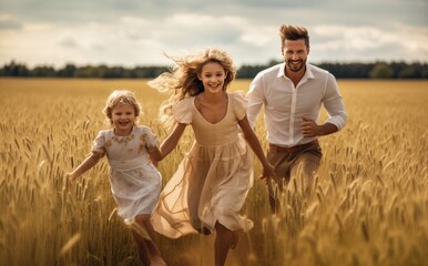 Naklejka na ściany i meble Family running in a field