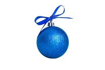 Christmas ball on colored background. decoration bauble with ribbon bow with copy space