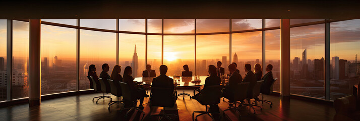 Silhouettes of business people in a meeting room with window behind them.