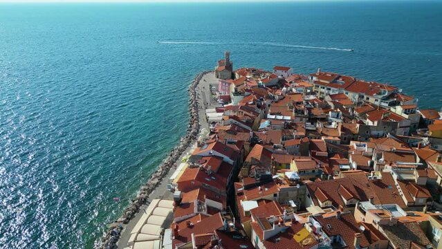 Piran, Slovenia, aerial panorama of historic town along the Adriatic sea on a summer day