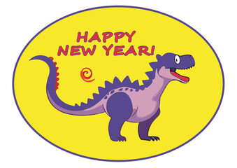 Vector purple cartoon dragon. The symbol of 2024 new year. 
A raptor baby dinosaur
isolated on a yellow background.
Children's drawing for fabric, clothing, paper.