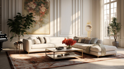 chic living room has a large velvet sofa and a glass-top coffee table and an ornate rug