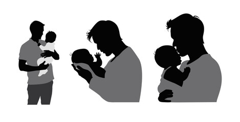 Dad and newborn baby silhouette, father holding baby silhouette, father love his child - obrazy, fototapety, plakaty