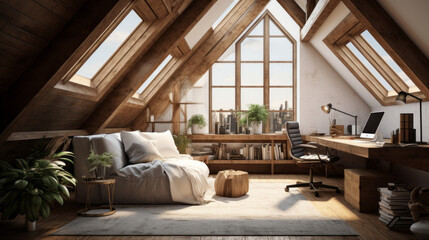 cozy attic space features exposed wooden beams and plush carpets A comfortable armchair sits beside a large window and a corner desk is tucked away in the corner - obrazy, fototapety, plakaty