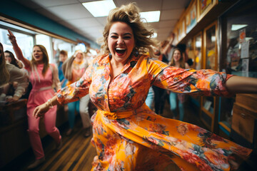 Female having fun around others in dance concept. Young woman learning dancing in party club music concert dj festival event having good time in crowd on background