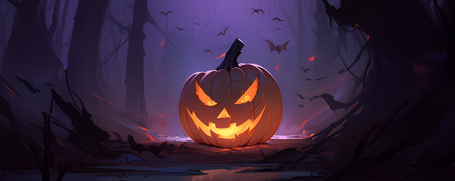 Halloween pumpkin in a creepy forest