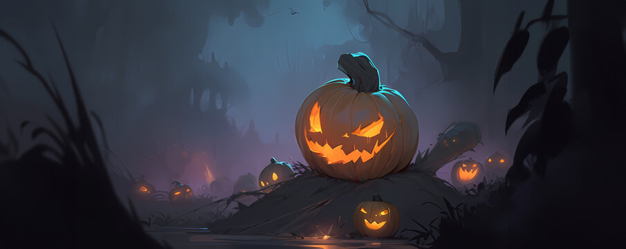 Halloween pumpkin in a creepy forest