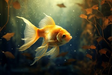 Golden fish in underwater scene with sunlight shining through. Generative AI