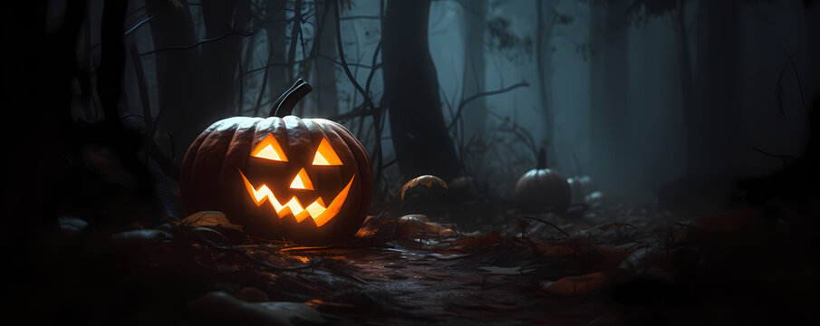 Halloween pumpkin in a creepy forest