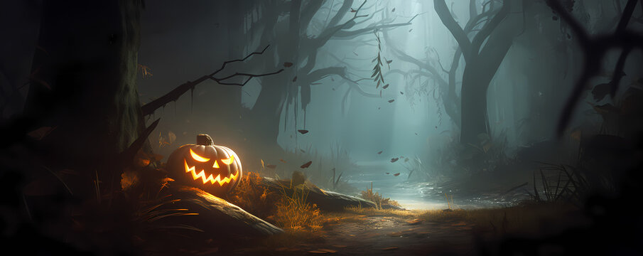 Halloween pumpkin in a creepy forest