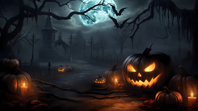 Halloween pumpkin in a creepy forest
