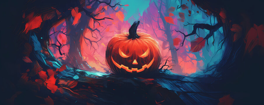 Halloween pumpkin in a creepy forest