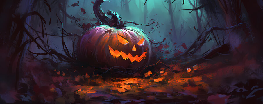 Halloween pumpkin in a creepy forest