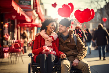 Obraz premium Valentine's Day concept. Disabled couple smiling together showing their love.
