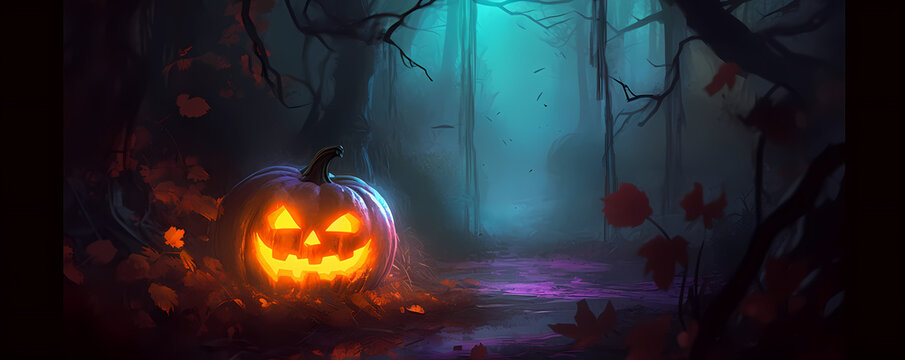 Halloween pumpkin in a creepy forest
