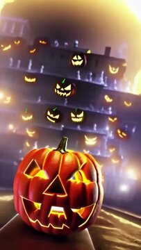 Dozens of glowing pumpkins on a dark background, a Halloween illustrated animated spooky short movie.