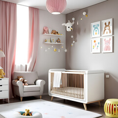 interior of a baby room with crib in pastel colours , baby nursery ,Generative Ai  - obrazy, fototapety, plakaty