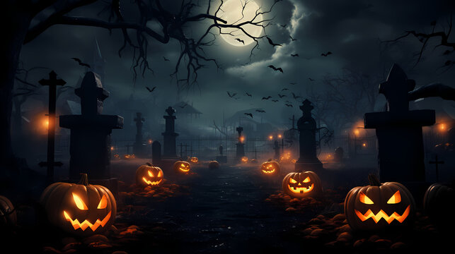 Halloween pumpkins on graveyard