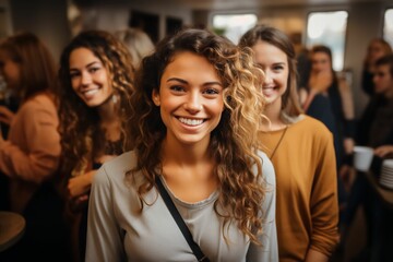 Portrait d'une femme ravissante et souriante, à l'intérieur d'un bâtiment, ultra réaliste dans une atmosphère de travail ou entre amis