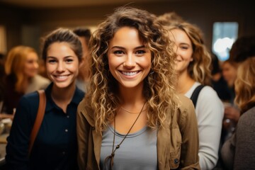 Obraz premium Portrait d'une femme ravissante et souriante, à l'intérieur d'un bâtiment, ultra réaliste dans une atmosphère de travail ou entre amis