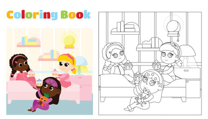 Coloring for children. The children had a pajama party. The girls are dressed in pajamas and are in the bedroom. The bedroom has a bed, a bedside table and a lamp.