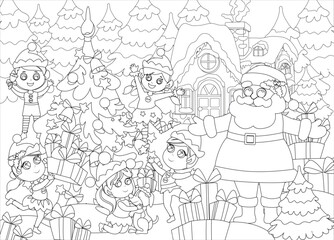 Coloring Pages. Santa Claus with elves outside near the Christmas tree. Winter landscape near Santa's snowy house. Mood of happiness and joy.