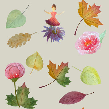 Hand painted watercolor fairy peony autumn leaves