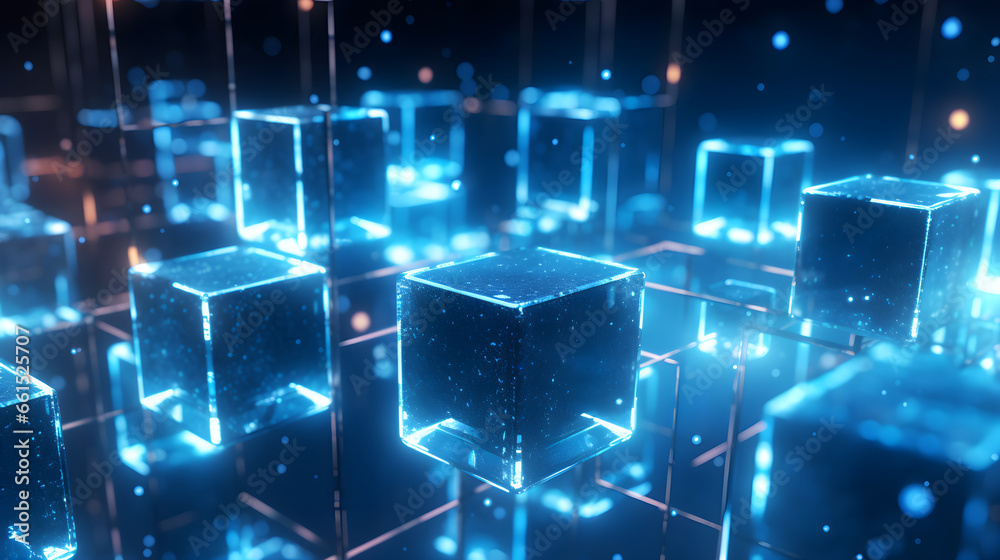 Wall mural blockchain concept banner. isometric digital blocks connection with each other and shapes crypto cha