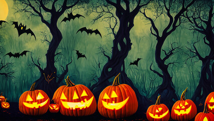 Dark Mood Halloween Scenery With Carved Pumpkins
