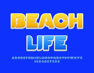 Vector advertising poster Beach Life. Uppercase Blue Font. Artistic Alphabet Letters and Numbers