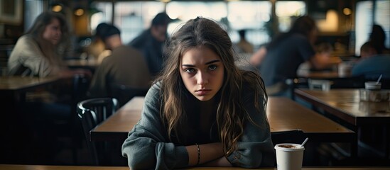 Young female sitting alone in cafe sad and isolated suffers from unfair treatment by bad friends...