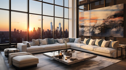 Explore a luxurious penthouse apartment with floor-to-ceiling windows that offer breathtaking urban skyline views. Elegant furnishings, warm tones, and modern artwork create a sophisticated living spa - obrazy, fototapety, plakaty