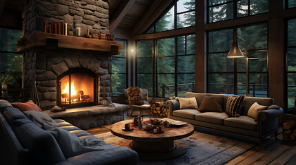 Step into a cozy cabin in the woods, where rustic charm meets modern comfort. A crackling fireplace, wooden beams, and plush furnishings invite relaxation and connection with nature, a harmonious blen