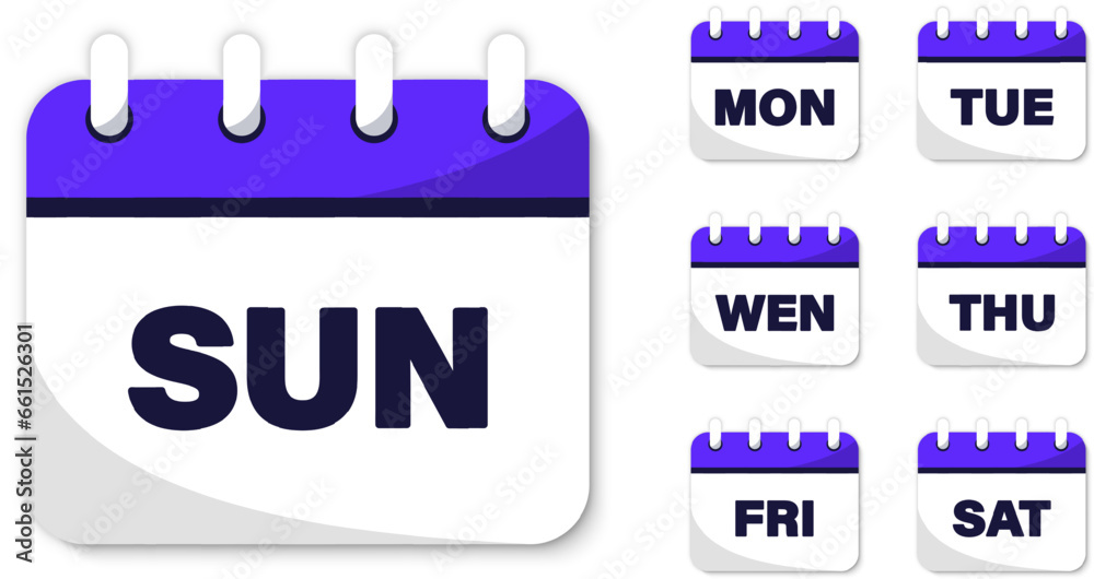 Poster Calendar icons. Week icon set. Days of the week. The days of weeks badge. Weekly calendar vector icons. Web buttons - week calendar. Mark the date, holiday, important day. Vector illustration
