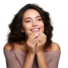 Fototapeta premium Joyful lady touch hands cheeks complexion enjoy aesthetic ideal perfect skin staring camera isolated on transparent background, clip art transparent background