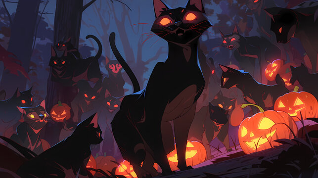 Halloween anime cats and pumpkins in a forest