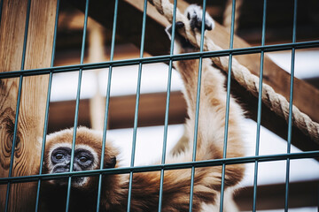 Portrait d'un singe gibbon à mains blanches ou Hylobates lar dans une cage dans un zoo - obrazy, fototapety, plakaty