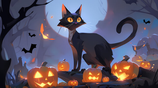 Halloween anime cat with pumpkins
