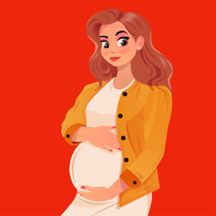 Sweet pregnant beautiful young woman. Cartoon style. Vector illustration