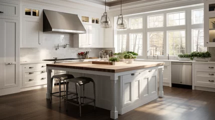 Gordijnen Kitchen with white cabinetry and a butcher block countertop and a center island and a stainless steel range hood © Textures & Patterns
