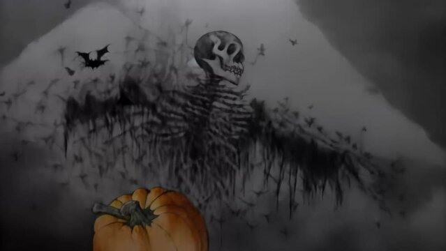 Drawing skeleton with pumpkin and tiny bats on a piece of paper, a Halloween illustrated animated spooky short film.