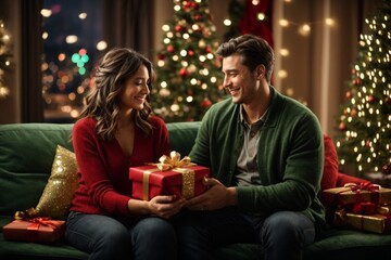 Fototapeta na wymiar Home for the Holidays: A Romantic Gift Exchange on Christmas