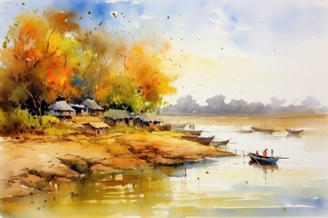 Vibrant watercolor artwork depicting a beautiful landscape of Mekong River. Generative AI