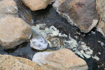 Algae in Hot Springs and fog in Chae Son National Park, Lampang, Thailand, Natural Mineral Water.