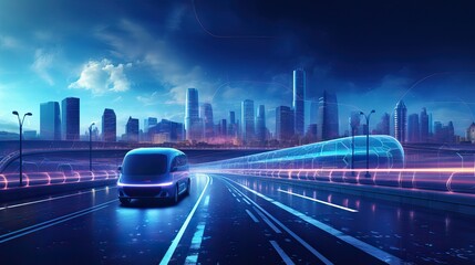 AI in Transportation Futuristic Background for Self-Driving Vehicles.technology concept.Sports Car On Neon Highway. 