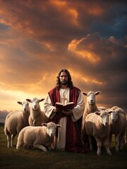 Good Shepherd at Sunset: Jesus with His Flock