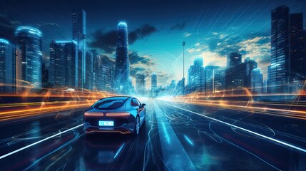 Fototapeta premium AI in Transportation Futuristic Background for Self-Driving Vehicles.technology concept.Sports Car On Neon Highway. 