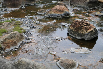 Algae in Hot Springs and fog in Chae Son National Park, Lampang, Thailand, Natural Mineral Water.