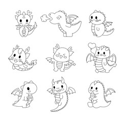 Happy funny dragon. Coloring Page. Cute character. Fairytale monsters. Hand drawn style. Vector drawing. Collection of design elements.