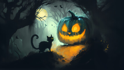 Halloween cat with a big creepy pumpkin in a forest